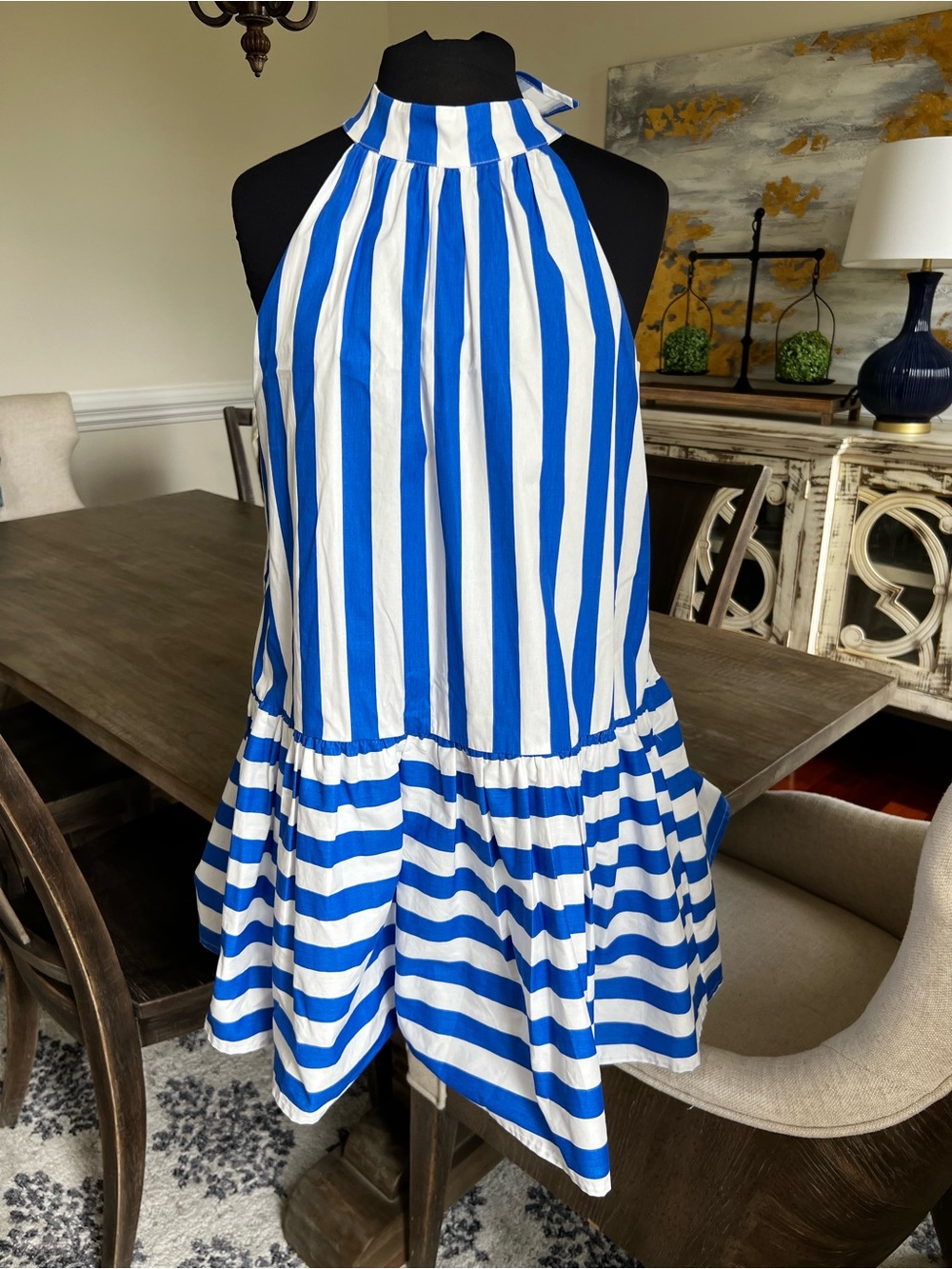 entro Blue and White Striped Halter Dress